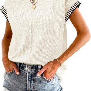 Womens 2025 Cap Sleeve Tops Casual Crew Neck Loose Fit Sweater Vest Lightweight